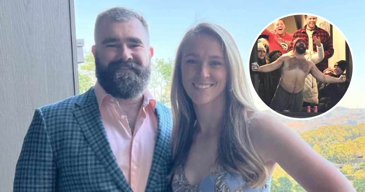 Jason Kelce recently noted that his wife, Kylie Kelce, wasn't thrilled about his shirtless celebration (@kykelce/Instagram, Getty Images)