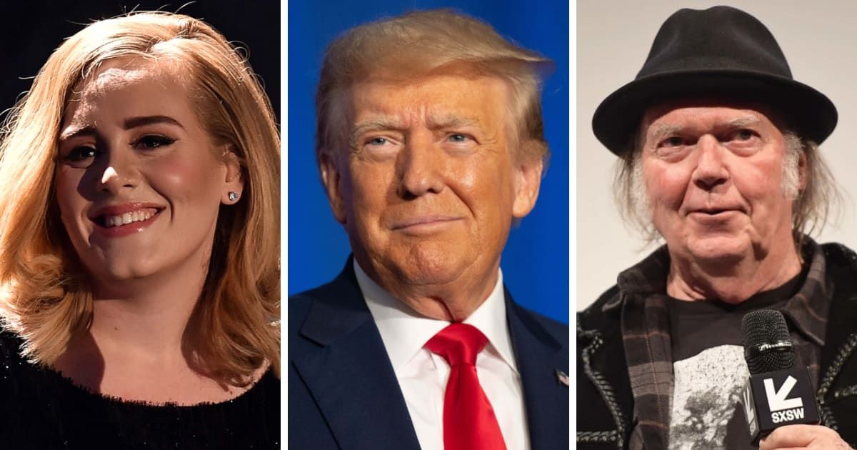 Adele (L) and Neil Young (R) have spoken against Donald Trump (C) using their songs in campaign events (Getty Images)