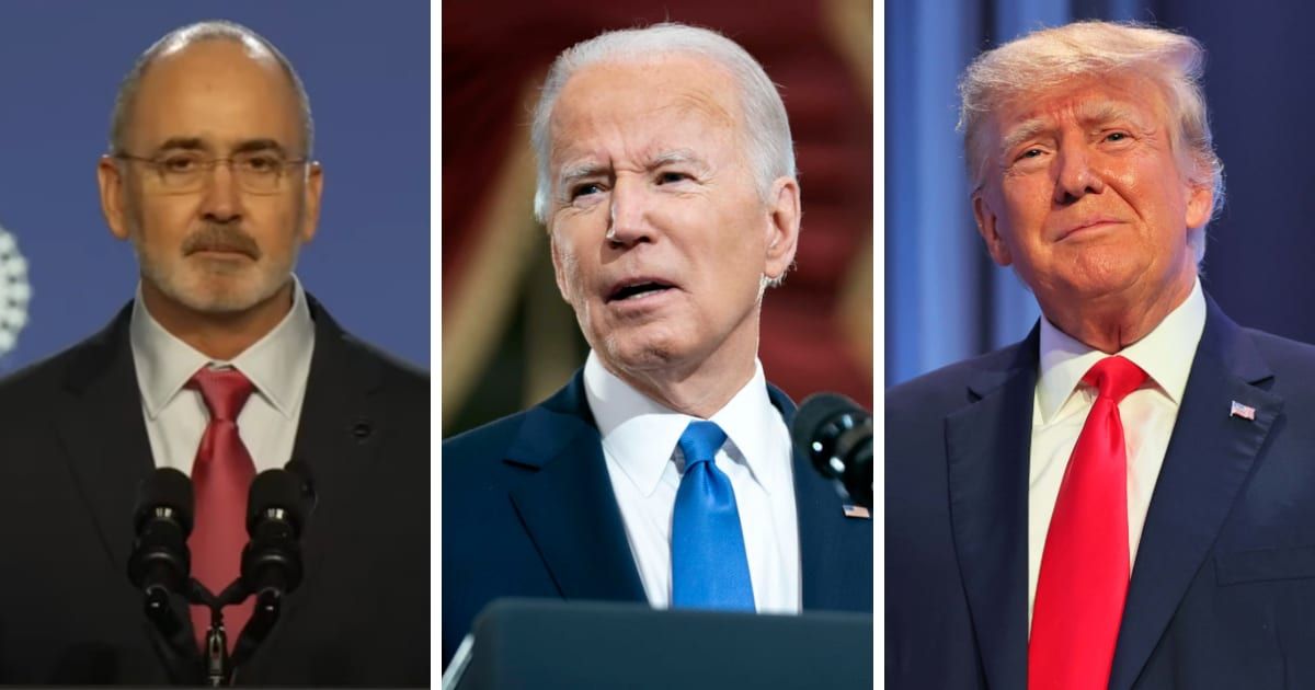 UAW President Shawn Fain supported Joe Biden for President and also slammed Donald Trump during the endorsement speech (C-SPAN screenshot/YouTube, Getty Images)