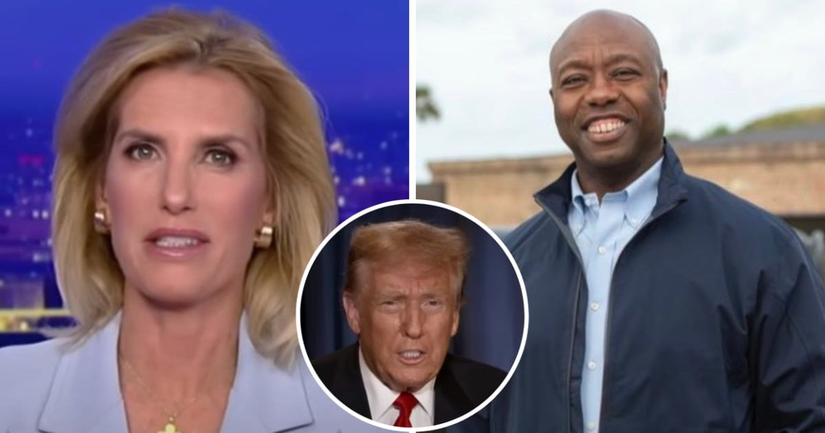 Tim Scott featured on 'The Ingraham Angle,' praising Donald Trump and asserting that Trump 'did more for minorities than Biden will ever do' (@foxnews/YouTube, @votetimscott/Twitter)