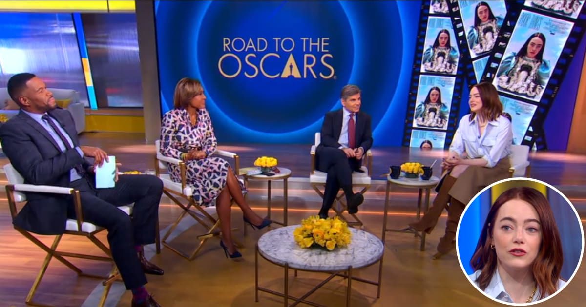 Emma Stone with the co-hosts on the January 30, 2024 episode of GMA (goodmorningamerica.com)