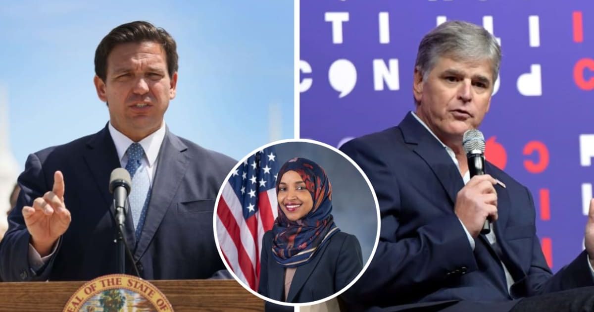 Sean Hannity reports on Ron DeSantis unloading on Ilhan Omar over her Somalian-language speech (Getty Images, @Illhan/Twitter)