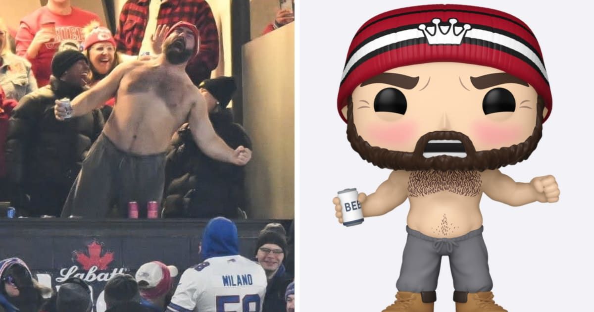 Funko is releasing a mini 'Pop! Jason Kelce (Shirtless)' that captures him in all his shirtless glory (Getty Images, Funko Pop/Website)