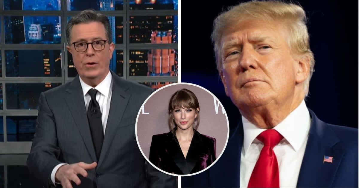 Stephen Colbert shared his take on conspiracy theories involving Taylor Swift and Trump's claim that he is more popular than her (The Late Show with Stephen Colbert, Getty Images)