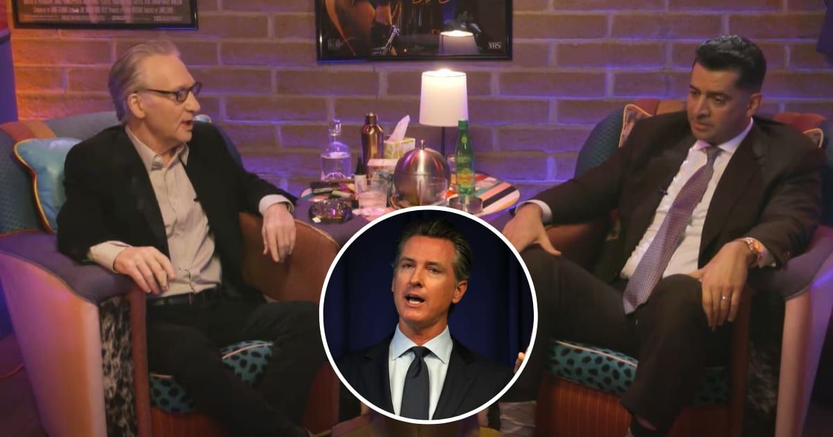 Bill Maher engaged in a discussion with Patrick Bet David about California Governor Gavin Newsom's record
(Club Random Podcast/ Getty)