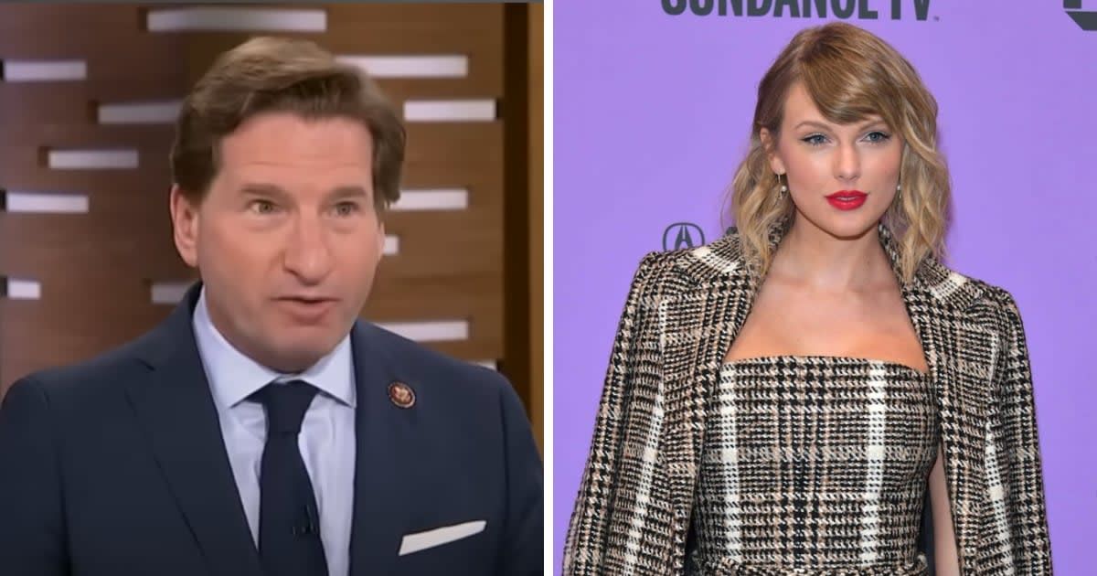 Dean Phillips landed in hot water after he reportedly sent out a fundraising email that crassly used Taylor Swift's name without her permission (MSNBC/YouTube and Getty Images)