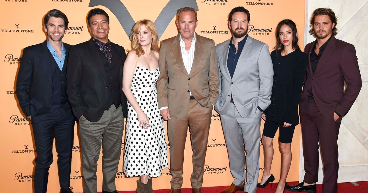 (L-R) The original cast members of 'Yellowstone' included Wes Bentley, Gil Birmingham, Kelly Reilly, Kevin Costner, Cole Hauser, Kelsey Chow, and Luke Grimes (Getty Images)