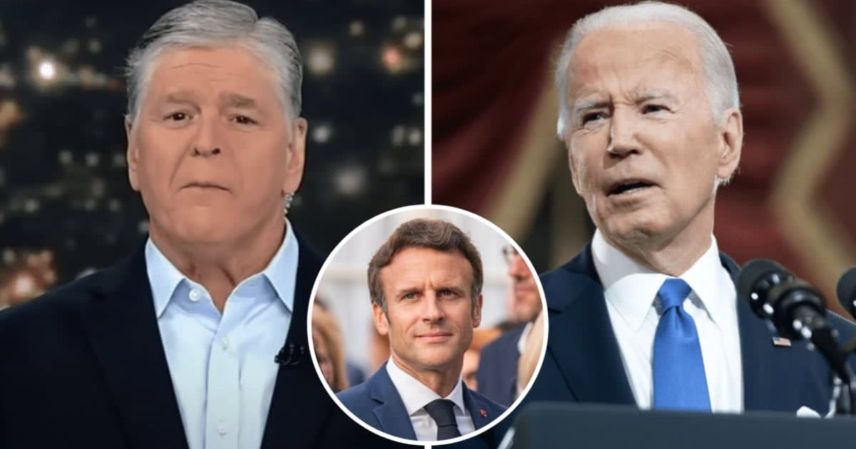 Sean Hannity mocked Joe Biden for confusing Emmanuel Macron with late French President Francois Mitterrand (@foxnews/YouTube, @potus/Instagram, @EmmanuelMacron/Twitter)