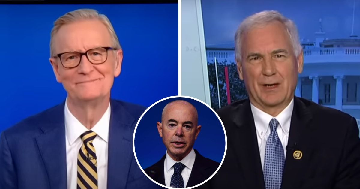 Tom McClinton (R) shares his reasons for not supporting the impeachment of Alejandro Mayorkas (inset) with co-host Steve Doocy (L) on 'Fox & Friends' (Screengrab/Fox News)