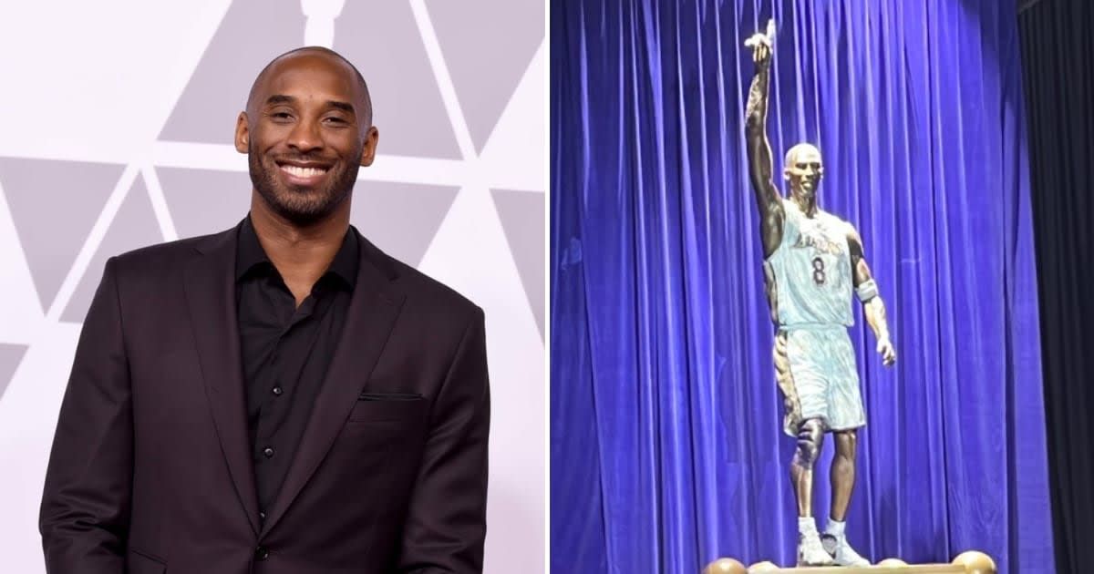 The Los Angeles Lakers unveiled a 19-foot bronze statue of the late Kobe Bryant outside their downtown arena (Getty Images, LakersAllDayEveryday/X)