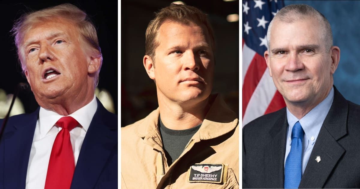 Donald Trump (L) endorsed Tim Sheehy (C) over Rep Matt Rosendale (R) in the Montana GOP Senate primary (Getty Images, Wikimedia Commons, Representative Matt Rosendale/Facebook)
