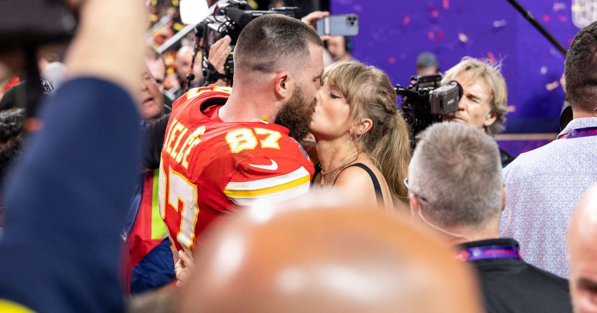 Sunday’s PDA moment builds on similarly effusive displays since Swift and Kelce confirmed their relationship last September (Getty Images)