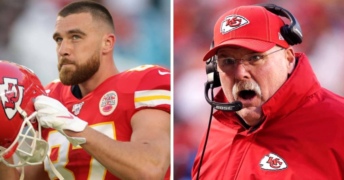 (L-R) Travis Kelce was caught on video shouting angrily at head coach Andy Reid after being left out of a key play (Getty Images)