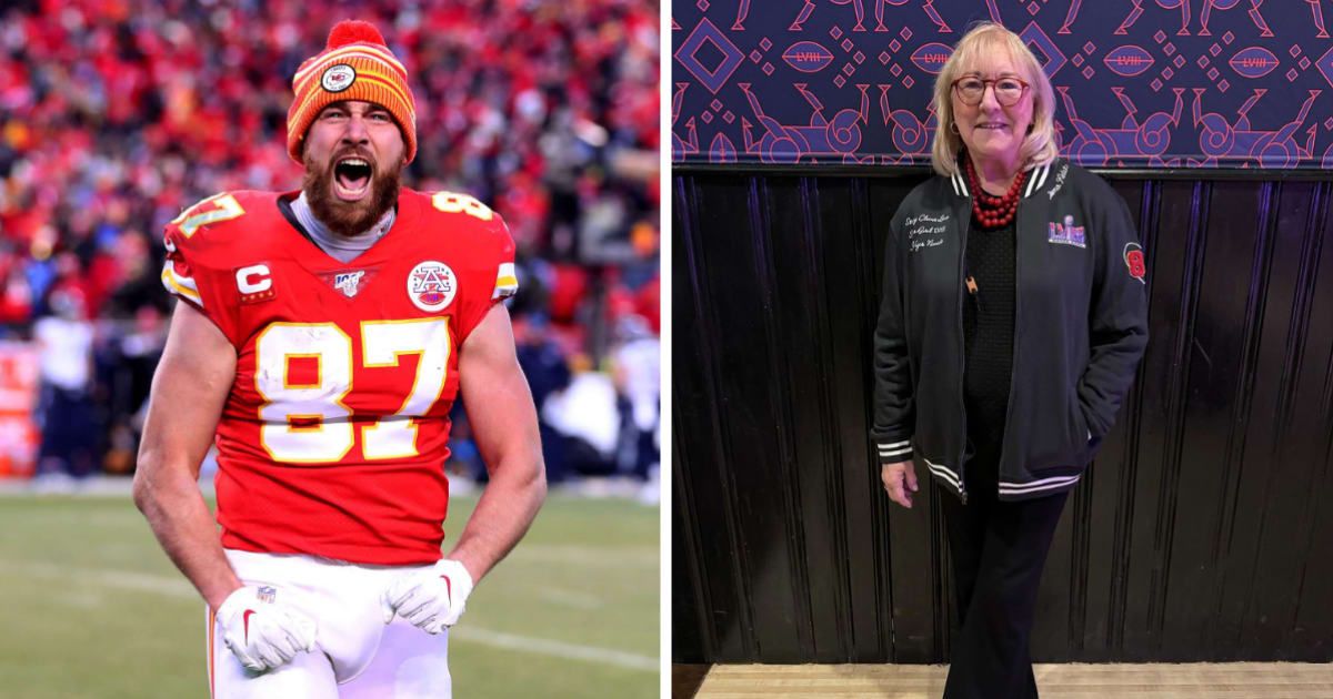 Travis Kelce wore a Chiefs baseball cap, a red Chiefs windbreaker and a pair of gray and red shorts (Getty Images and Instagram@donnakelce)