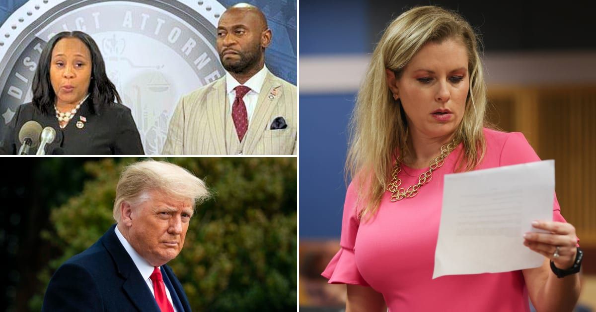 Pictured: Fani Willis & Nathan Wade (L-Top), Donald Trump (L-Bottom), Ashleigh Merchant (R) (Getty Images, YouTube/MSNBC)