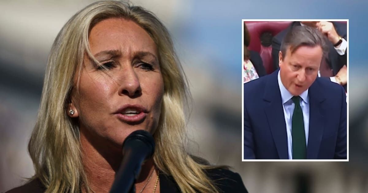 Marjorie Greeene lashed out at David Cameron, dismissing his call for US Congress to pass aid to Ukraine (Getty Images, YouTube/Guardian News)