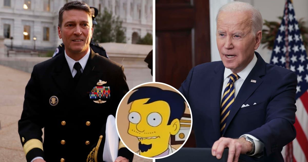 Ronny Jackson (L) was recently compared by the Biden (R) administration to Dr Nick (M) from 'The Simpsons' after he pushed for President Biden to take a cognitive test (Getty Images, Dr Nick/YouTube)