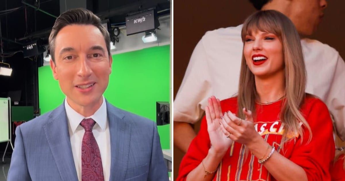 Texas weatherman Adam Krueger used Taylor Swift's lyrics for weather reports (@weatheradam/Instagram, Getty Images)