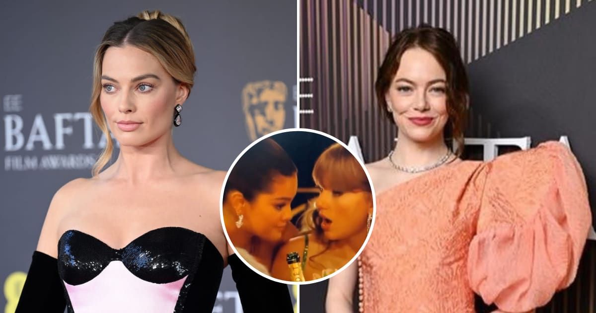 Margot Robbie and Emma Stone recreated the viral Taylor Swift and Selena Gomez moment from the Golden Globes at the 2024 BAFTA Awards (Karwai Tang/WireImage, PopBase/X, @bafta/Instagram)