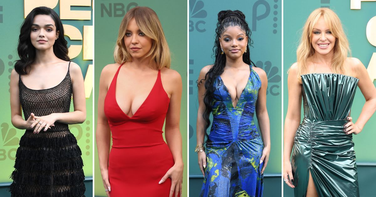 Rachel Zegler, Sydney Sweeney, Halle Bailey, and Kylie Minogue are among the celebrities who flaunted their sartorial elegance on the 2024 People's Choice Awards red carpet (Tommaso Boddi/WireImage, Steve Granitz/FilmMagic, Monica Schipper/Getty Images)