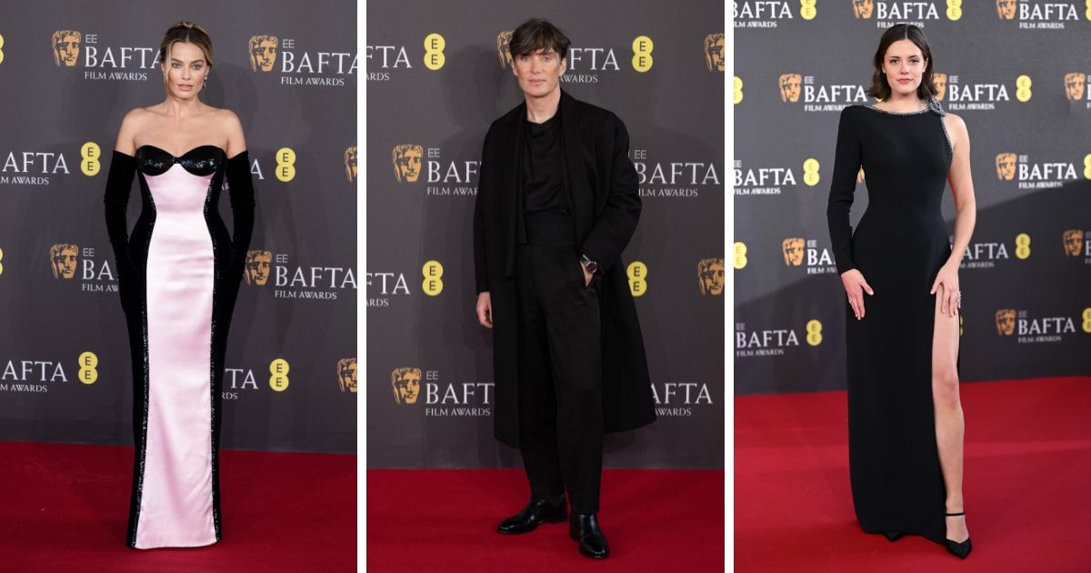 Margot Robbie, Cillian Murphy, and Meg Bellamy at the 2024 EE BAFTA Film Awards (Jeff Spicer/Getty Images, Jeff Spicer/Getty Images, and Karwai Tang/WireImage)