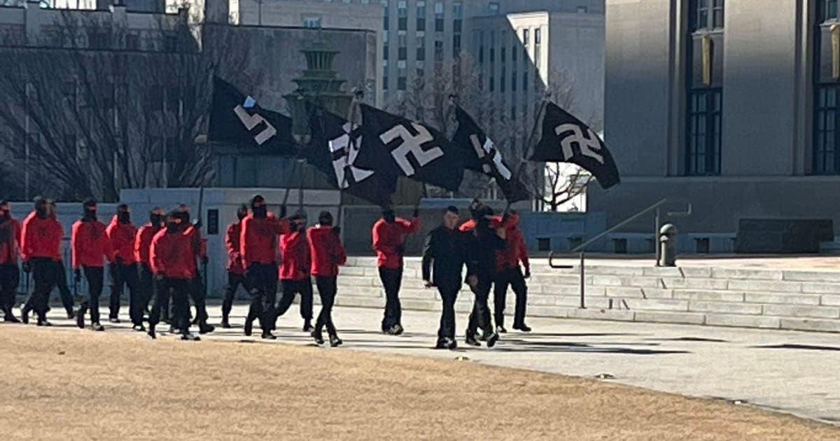 A masked group recently stormed into the Tennessee Capitol building in Nashville, brandishing Swastika flags (Rep Aftyn Behn/X)