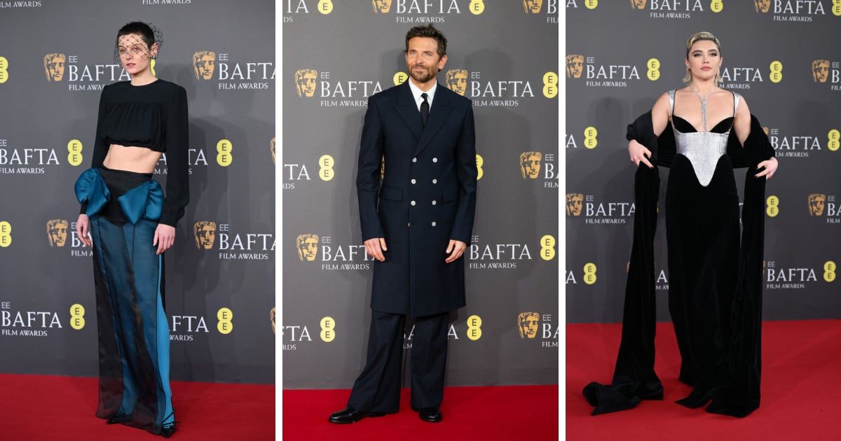 Emma Corrin, Bradley Cooper, and Florence Pugh at the 2024 EE BAFTA Film Awards in London, England (Karwai Tang/WireImage, Samir Hussein/WireImage)