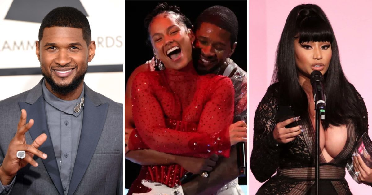 Usher says he regrets smacking Nicki Minaj during a 2014 VMA performance while defending Alicia Keys's Super Bowl hug (Getty Images, NFL/YouTube, Getty Images)