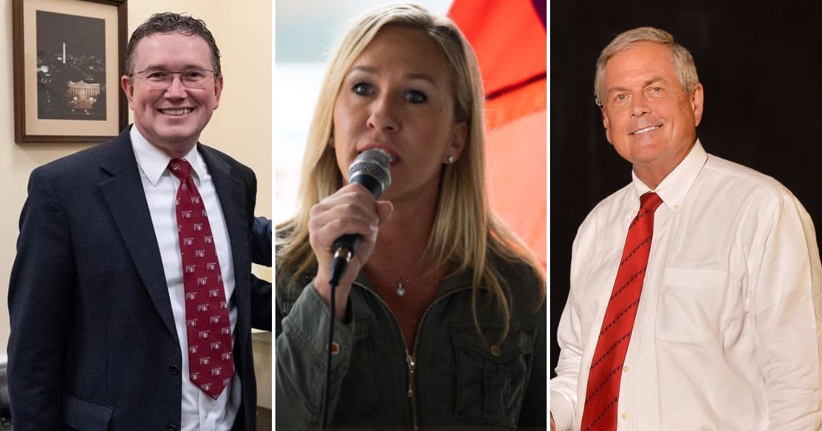 Tom Massie, Marjorie Taylor Greene, and Ralph Norman were fined in 2021 for violating a mask mandate which resulted in a pay dock (@repthomasmassie, @repralphnorman/Instagram, Getty Images)