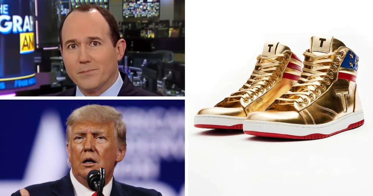Netizens mocked Fox News host Raymond Arroyo's comment linking black voters' support for Donald Trump to the ex-president's golden sneakers (Fox News screenshot/ YouTube, Getty Images, gettrumpsneakers.com)