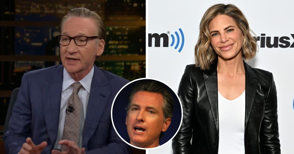 A fiery debate on Bill Maher's (L) 'Club Random' podcast has gone viral after Jillian Michaels (R) clashed with the host over his support for Gavin Newsom (M) (Getty Images)