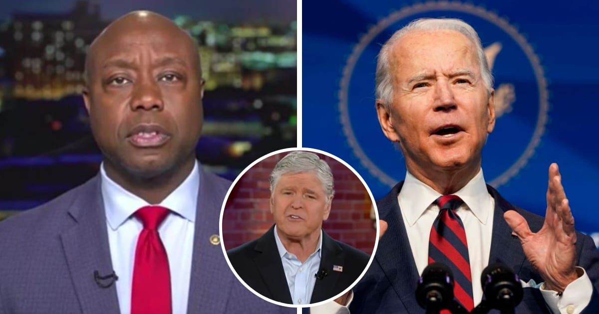 Senator Tim Scott agreed with Sean Hannity that Joe Biden has said 'disgusting' things about African Americans in the past (Fox News/Getty Images)