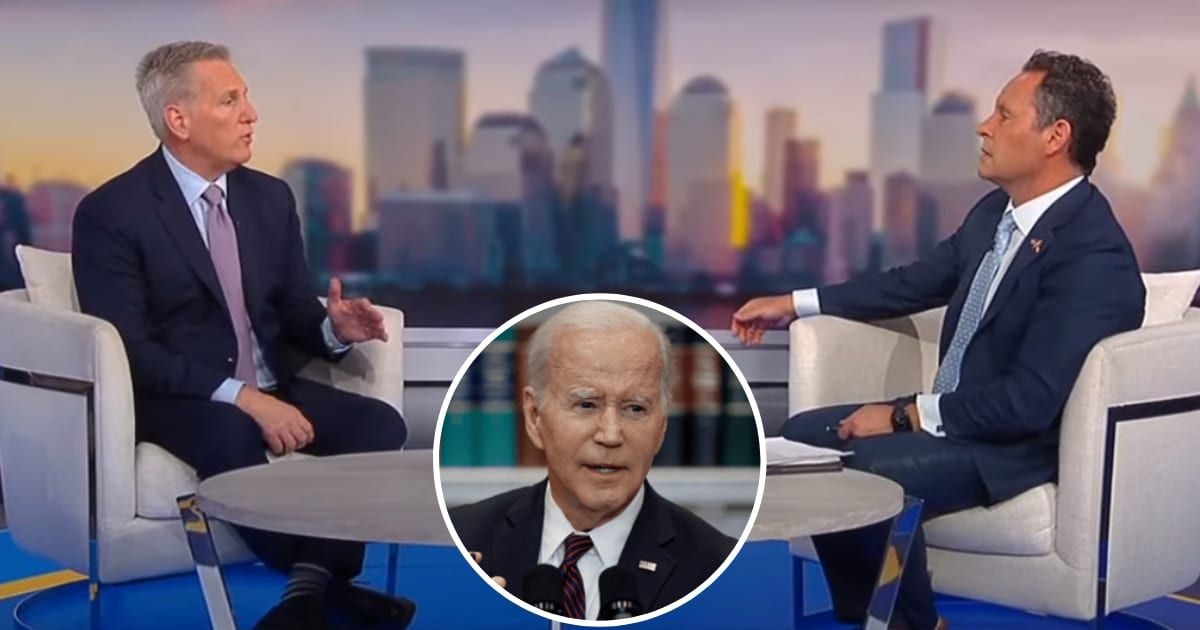 Kevin McCarthy and Brian Kilmeade discussed the challenges Joe Biden could likely face at the Democratic National Convention on the February 28 episode of 'Fox & Friends' (Screengrab/Fox News and Getty Images) 
