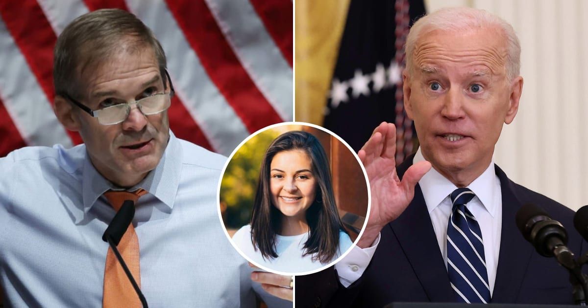 Rep Jim Jordan blamed President Joe Biden's border policy for University of Georgia student Laken Riley's death (Getty Images, Facebook/WJBF)