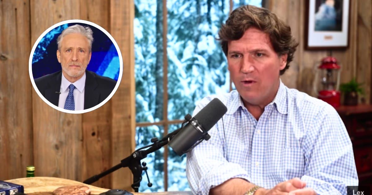 Conservative commentator Tucker Carlson called comedian Jon Stewart 'a tool of the regime in the most sinister way' (Getty Images, @LexClips/Youtube)