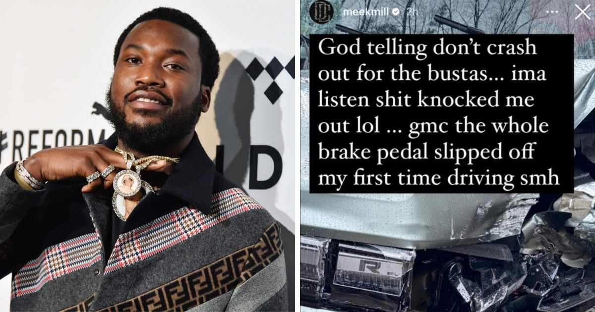 Meek Mill shared a photo of his damaged car with broken headlights and the entire front end in ruins (Getty Images, Meek Mill/Instagram)