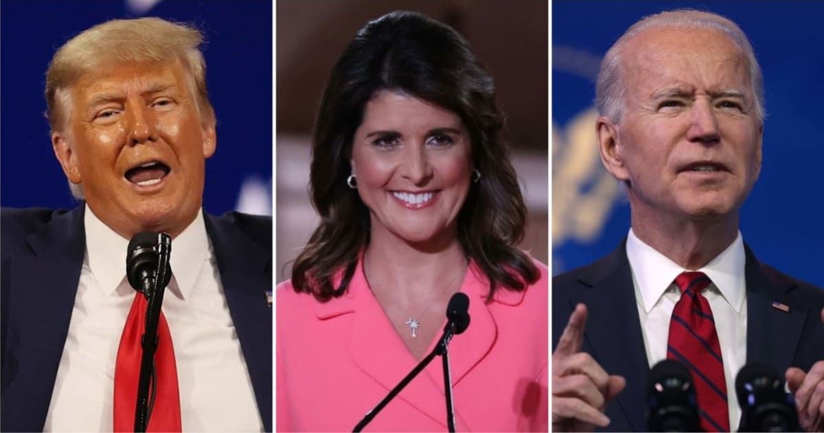 The ad depicts Donald Trump as grumpy and Joe Biden as confused, and then Nikki Haley's beaming face appears (Getty Images)