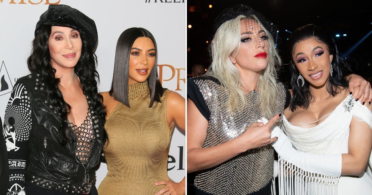 (L-R): Cher with Kim Kardashian and Lady Gaga with Cardi B (JB Lacroix/WireImage, Emma McIntyre/Getty Images for The Recording Academy)