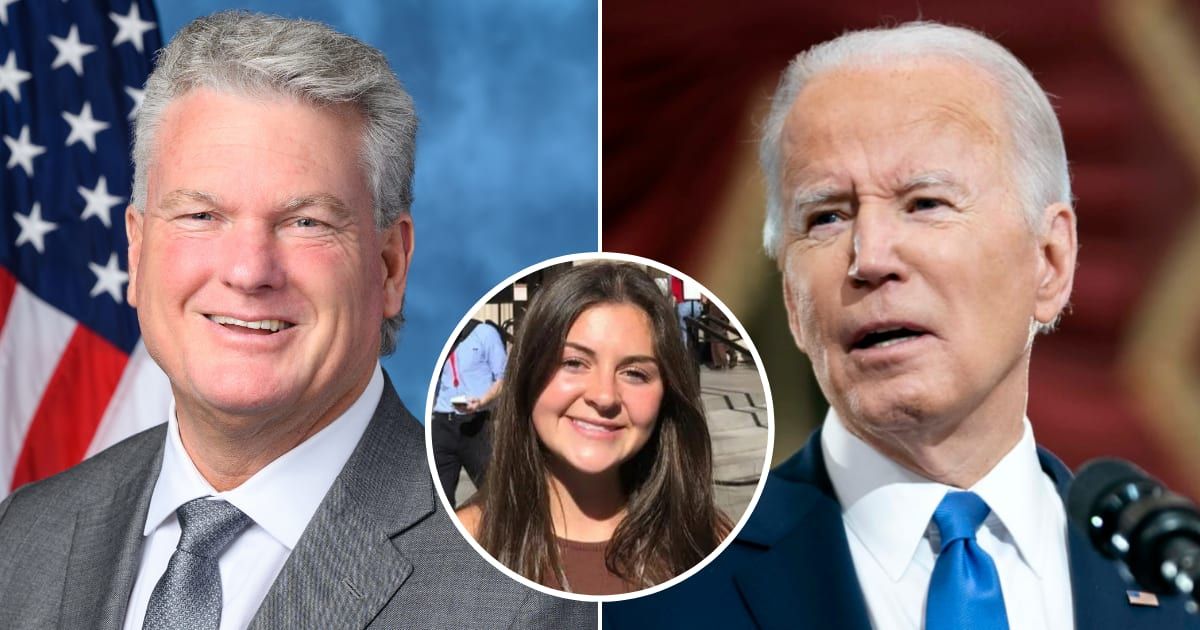 Parents of Laken Riley (inset) turned down an invitation by Rep Mike Collins to President Joe Biden's State of the Union address (US House, Getty Images, Facebook/Laken Riley)