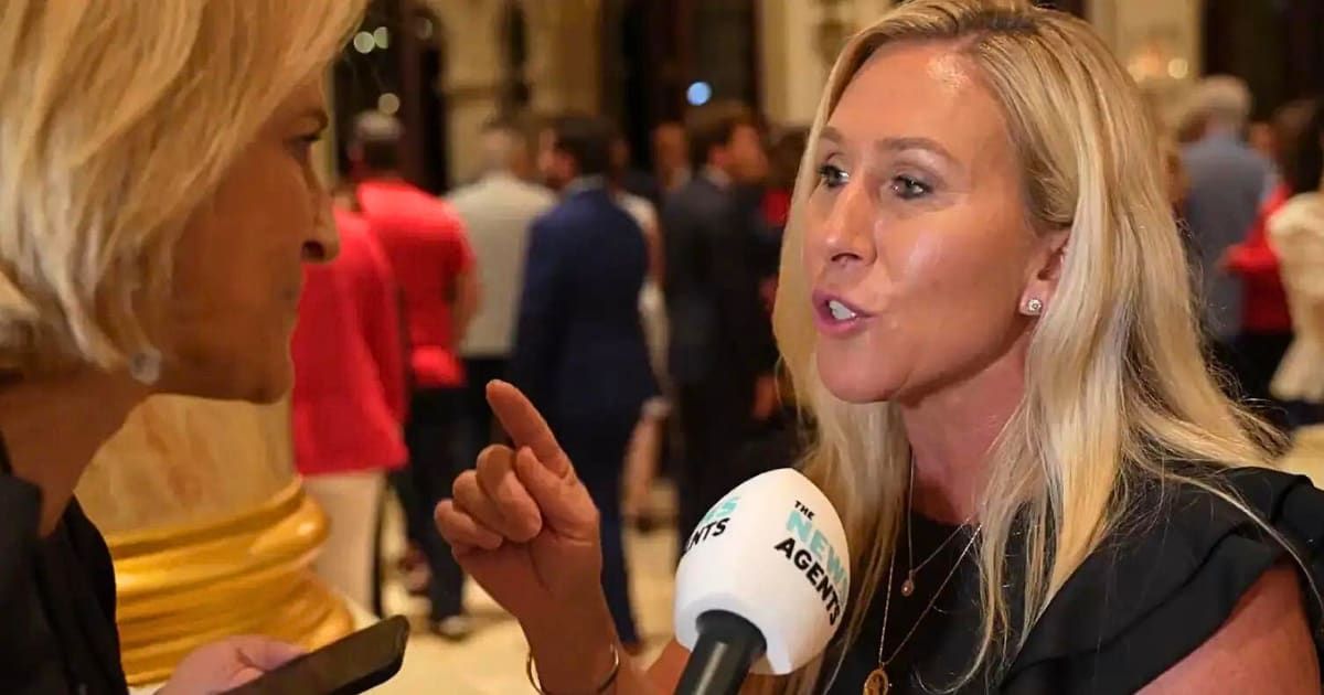 Marjorie Taylor Greene found herself embroiled in a heated exchange with journalist Emily Maitlis during an event at Donald Trump's Mar-a-Lago resort in Florida (@TheNewsAgents / X)