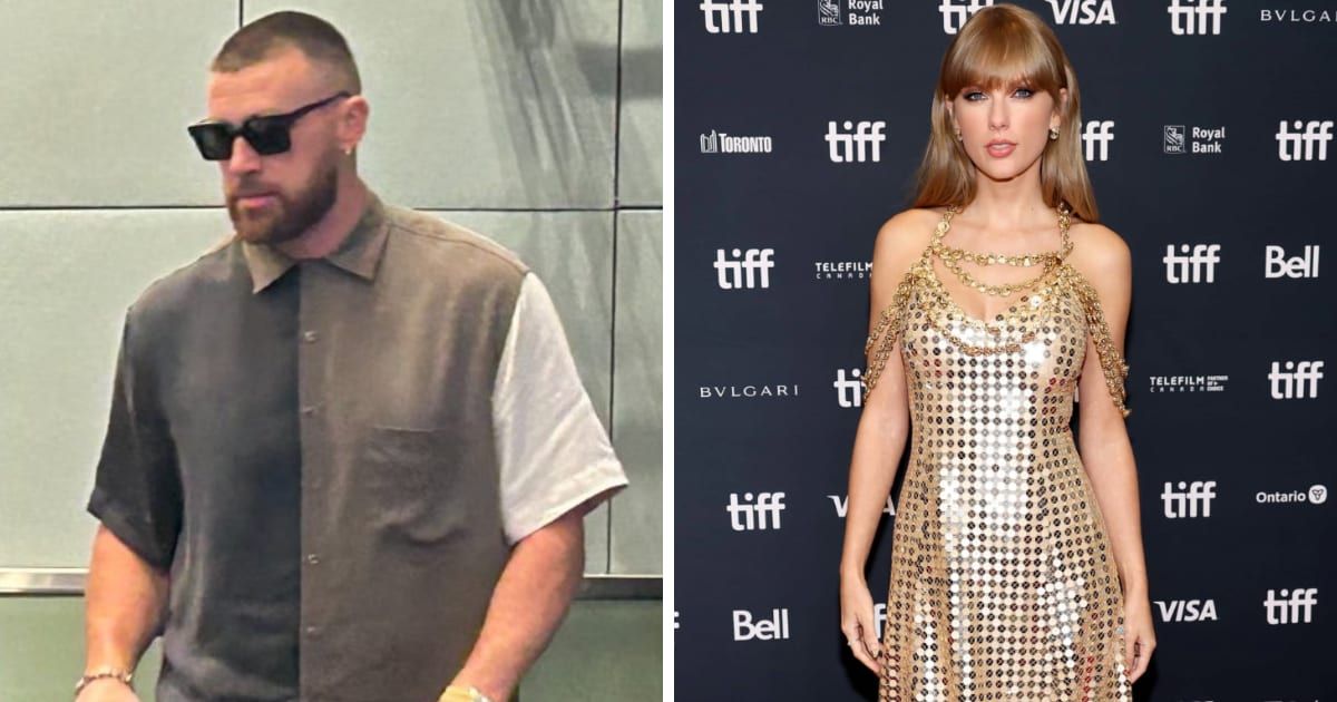 The gray, black, and white hues of Travis Kelce's recent ensemble mirrored the shades associated with Taylor Swift's new album's file names (@Taylor's Lavender/X, Getty Images)