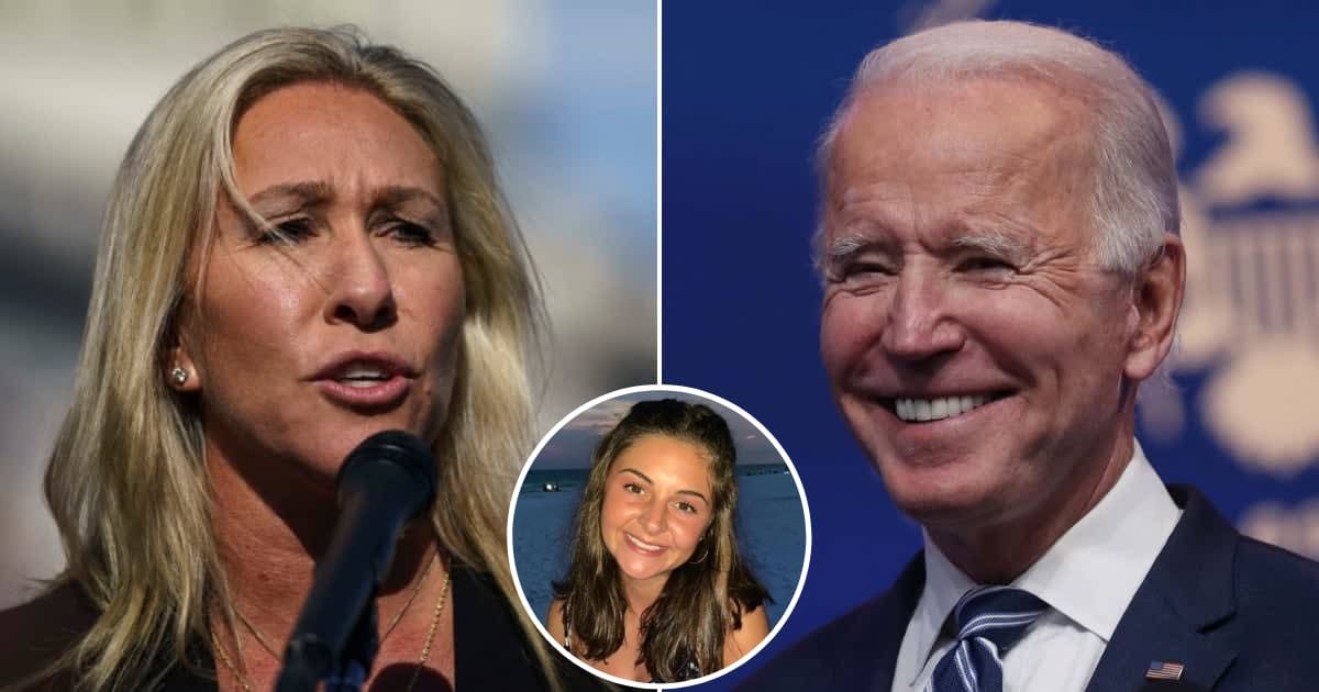 Marjorie Taylor Greene bashed Joe Biden for saying he should not have used the word 'illegal' for Laken Riley's murder suspect during the SOTU speech (Getty Images, Laken Riley/Facebook)
