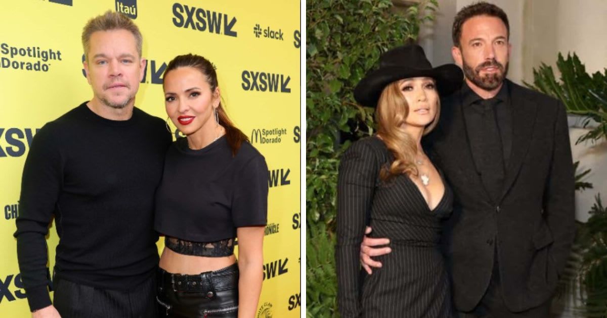 (L-R) Matt Damon with Luciana Barroso and Jennifer Lopez with Ben Affleck (Getty Images)
