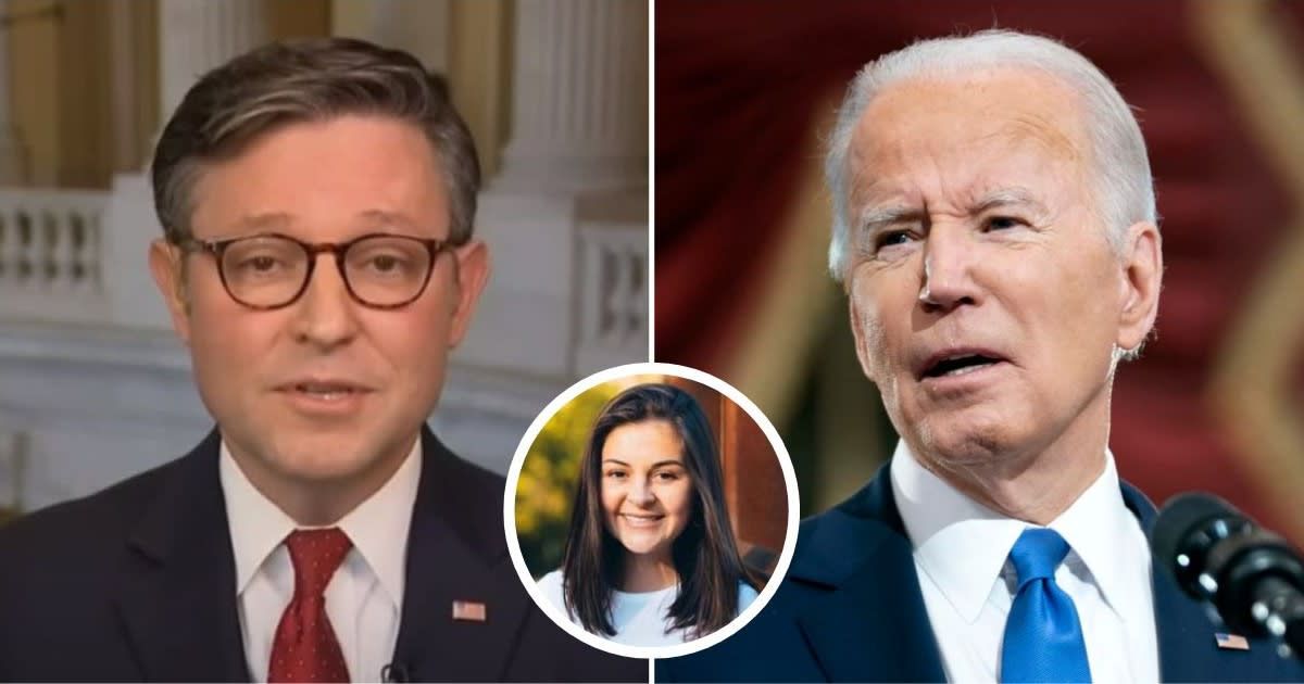 In one of his recent tweets, House Speaker Mike Johnson called Joe Biden an 'embarrassment' (@foxnews/YouTube, Getty Images and Laken Riley/Facebook)