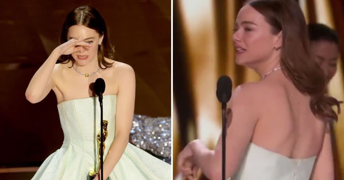 Emma Stone busted her dress at the 2024 Oscars (Getty Images, ABC News/Screengrab)