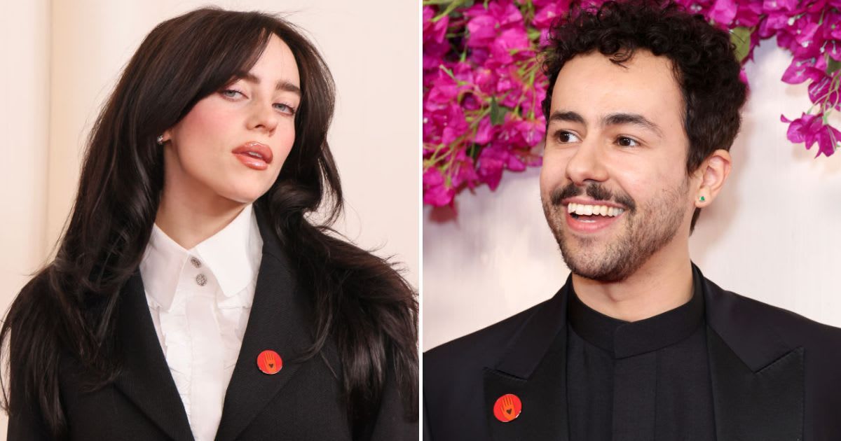 Billie Eilish and Ramy Youssef wore red pins at 2024 Oscars to show support for Gaza ceasefire (Rodin Eckenroth, JC Olivera/Getty Images)