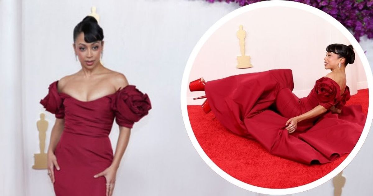 Liza Koshy took a fall at the Oscars (Photos by Kevin Mazur/Getty Images and Jeff Kravitz/FilmMagic)