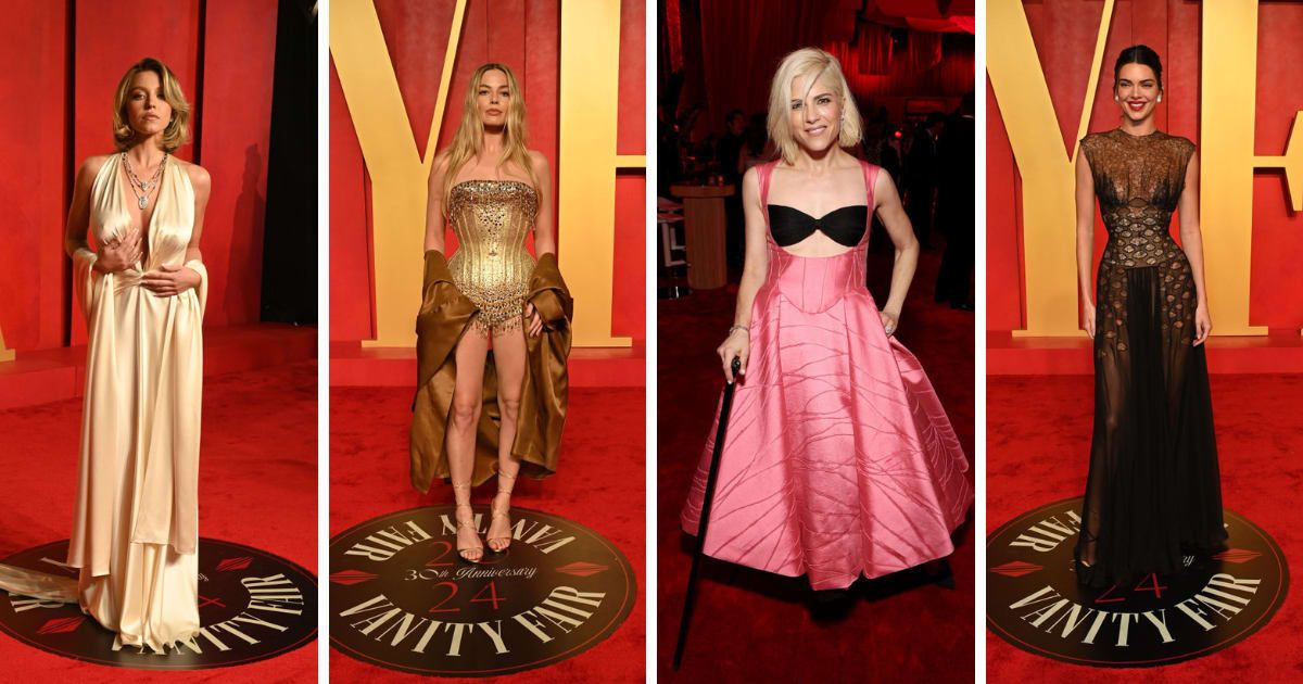 Sydney Sweeney, Margot Robbie, Selma Blair, and Kendall Jenner attend the 2024 Vanity Fair Oscar Party (Jon Kopaloff/Getty Images for Vanity Fair, Jon Kopaloff/Getty Images for Vanity Fair, Kevin Mazur/VF24/WireImage for Vanity Fair, and Jon Kopaloff/Gett
