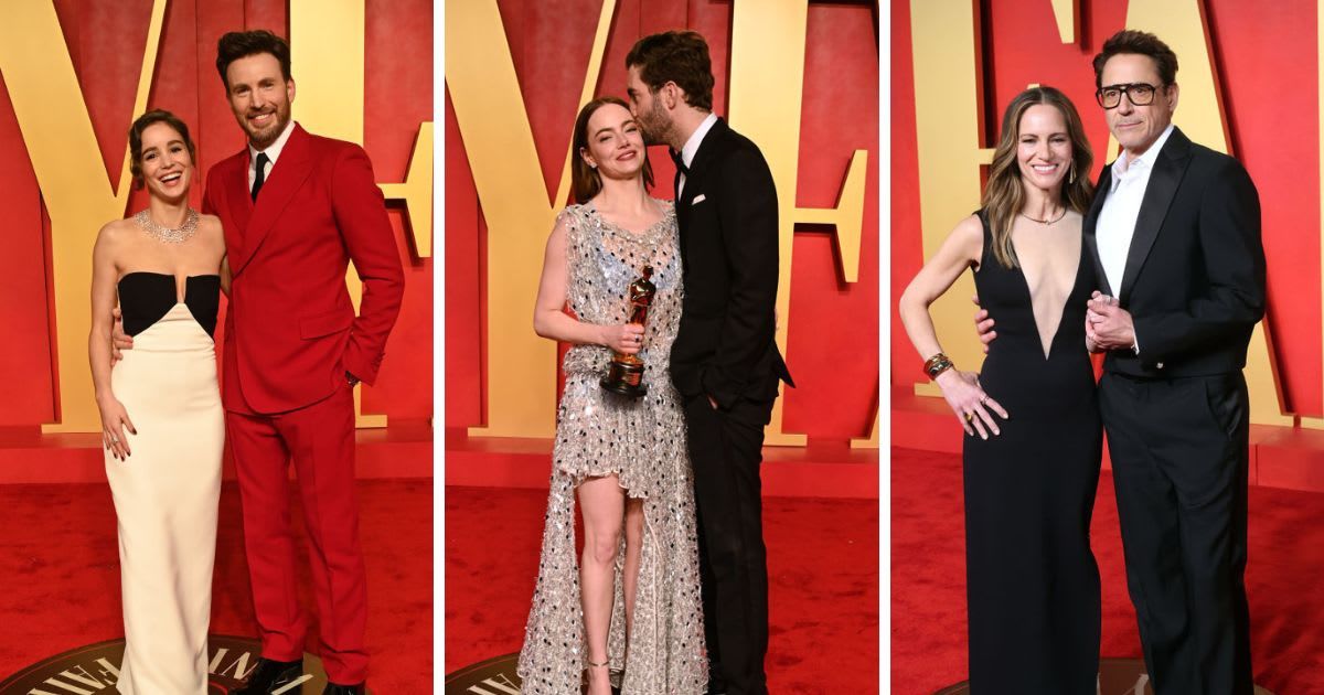 Alba Baptista and Chris Evans, Emma Stone and Dave McCary, and Susan and Robert Downey Jr at the Vanity Fair Oscars afterparty (Jon Kopaloff/Getty Images for Vanity Fair and Taylor Hill/Getty Images)