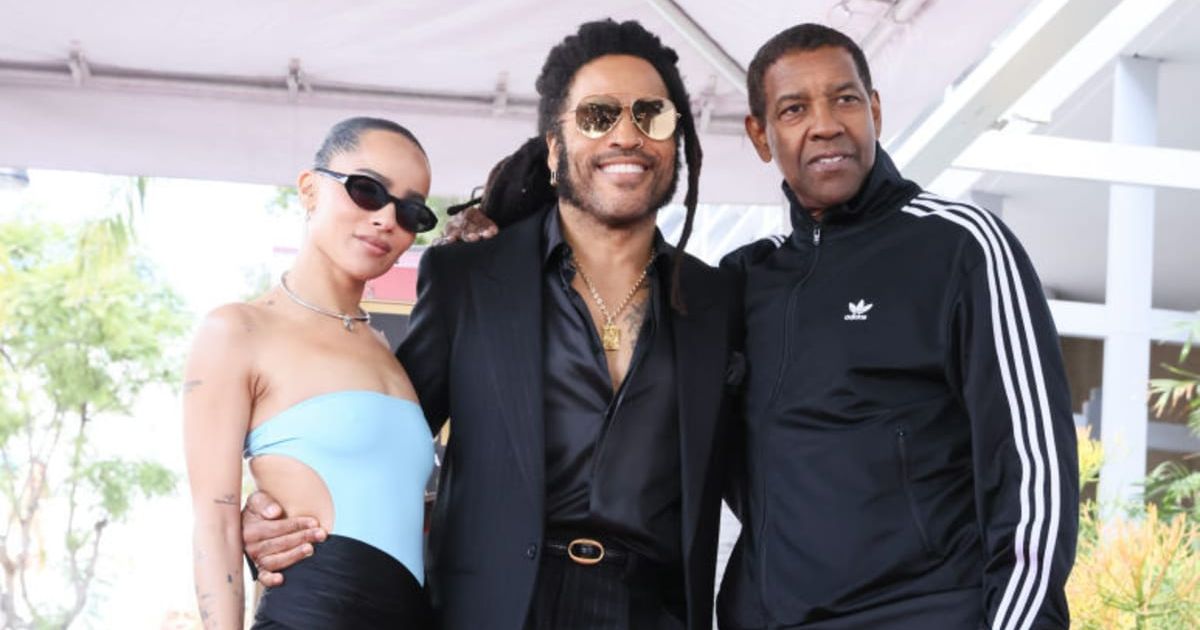 Zoe Kravitz and Denzel Washington pose with Lenny Kravitz during his Hollywood Walk of Fame Star Ceremony on March 12 (Rodin Eckenroth/Getty Images)